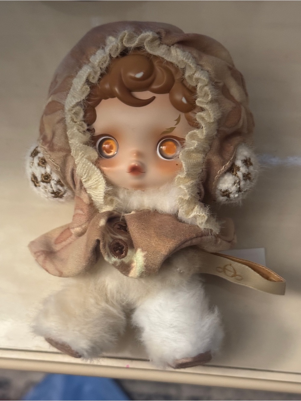 Skullpanda, “Amber” Plush Beige Hooded Doll with Faux Fur Trim